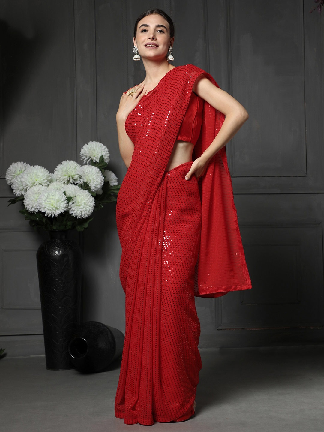 

ORUS Red Embellished Sequinned Pure Georgette Heavy Work Saree
