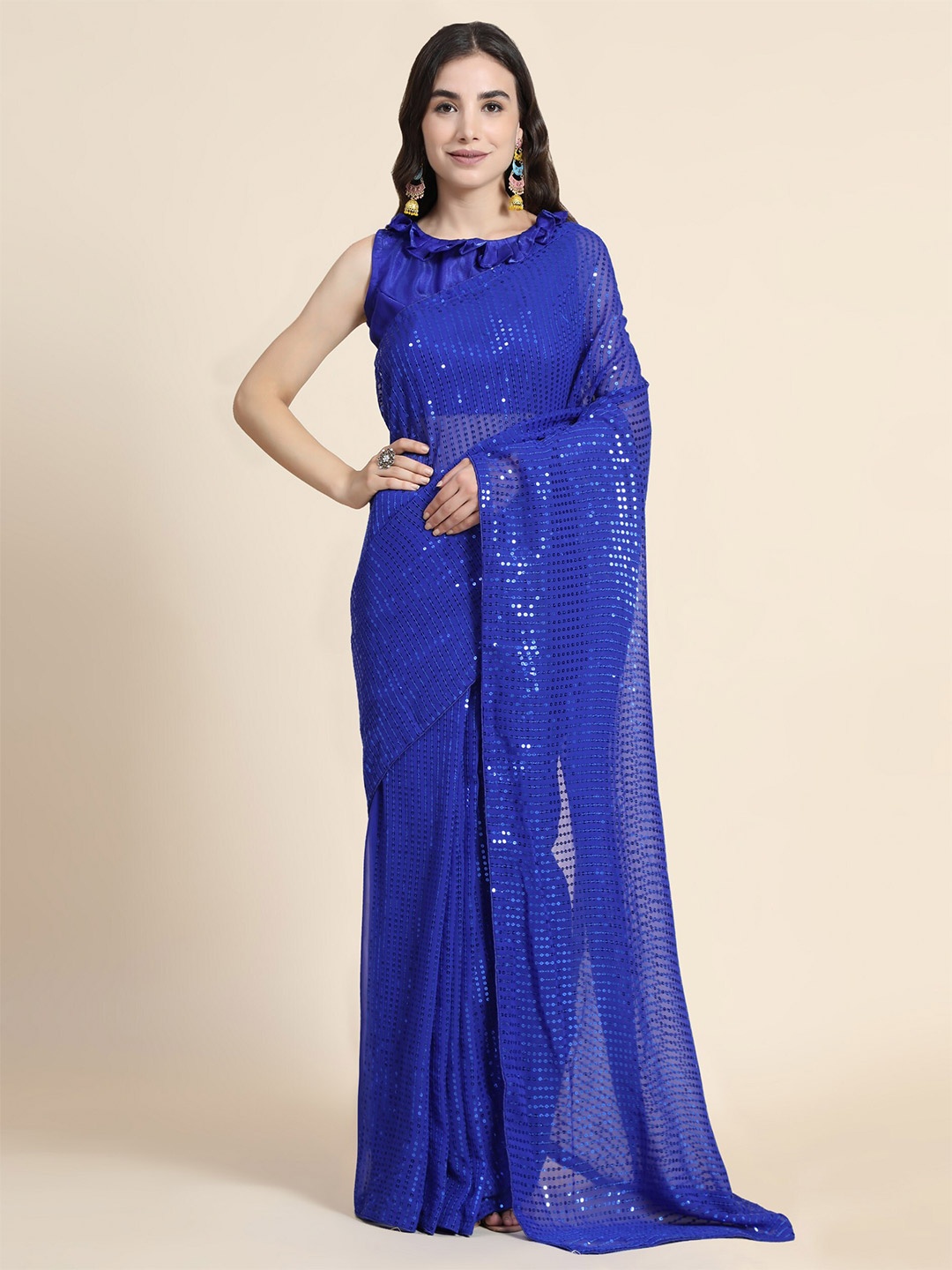 

ORUS Women Blue Embellished Sequinned Pure Georgette Saree With Blouse Piece