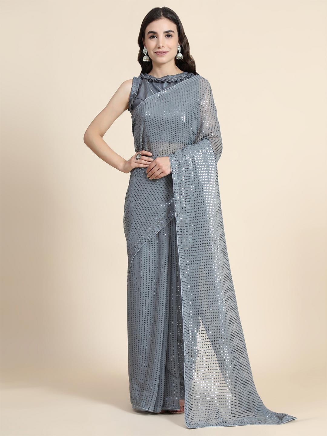 

ORUS Grey Embellished Sequinned Pure Georgette Saree