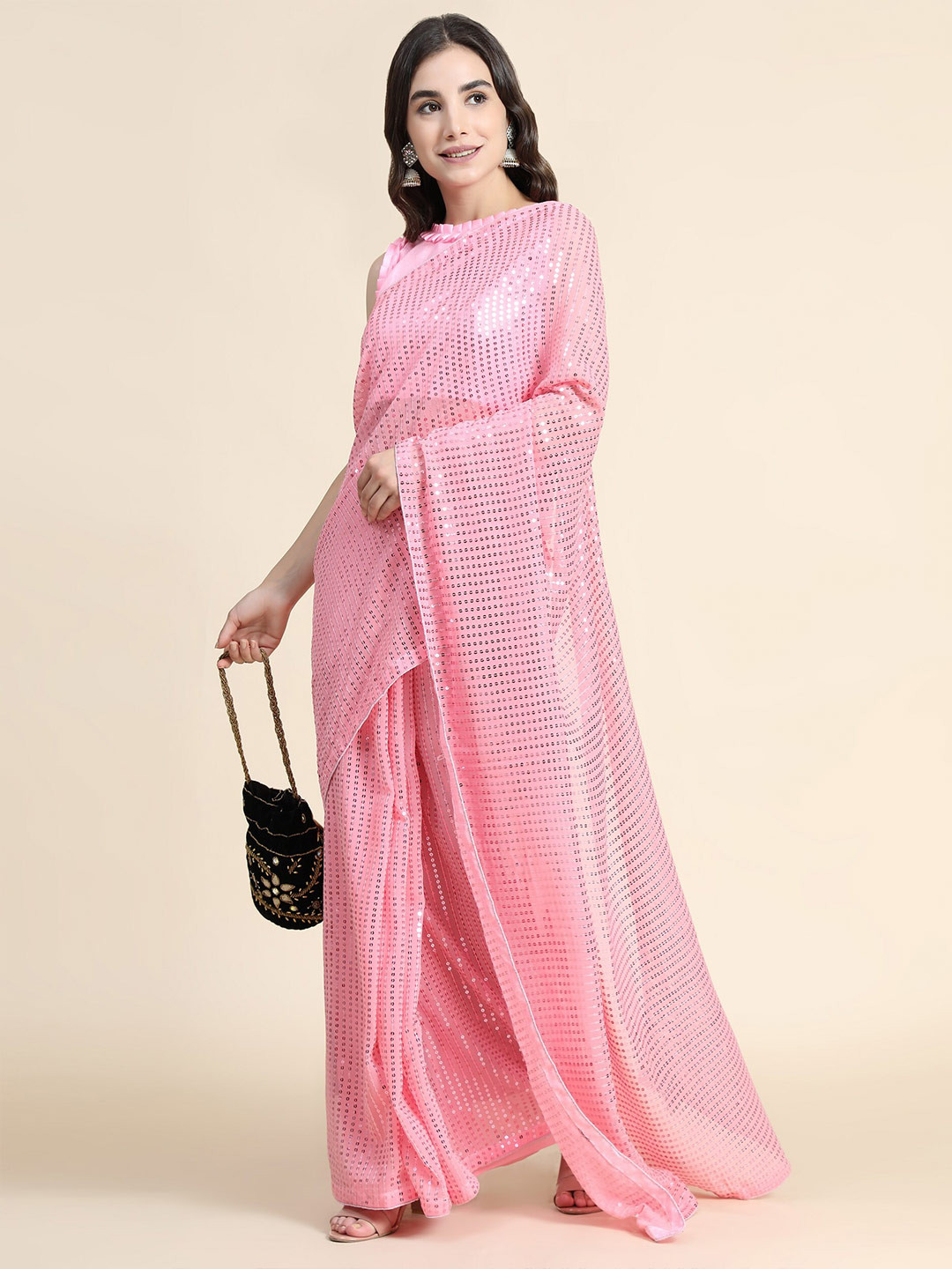 

ORUS Pink Embellished Sequinned Pure Georgette Saree