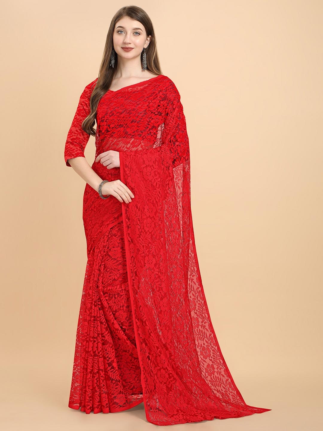 

ORUS Red Woven Design Net Saree