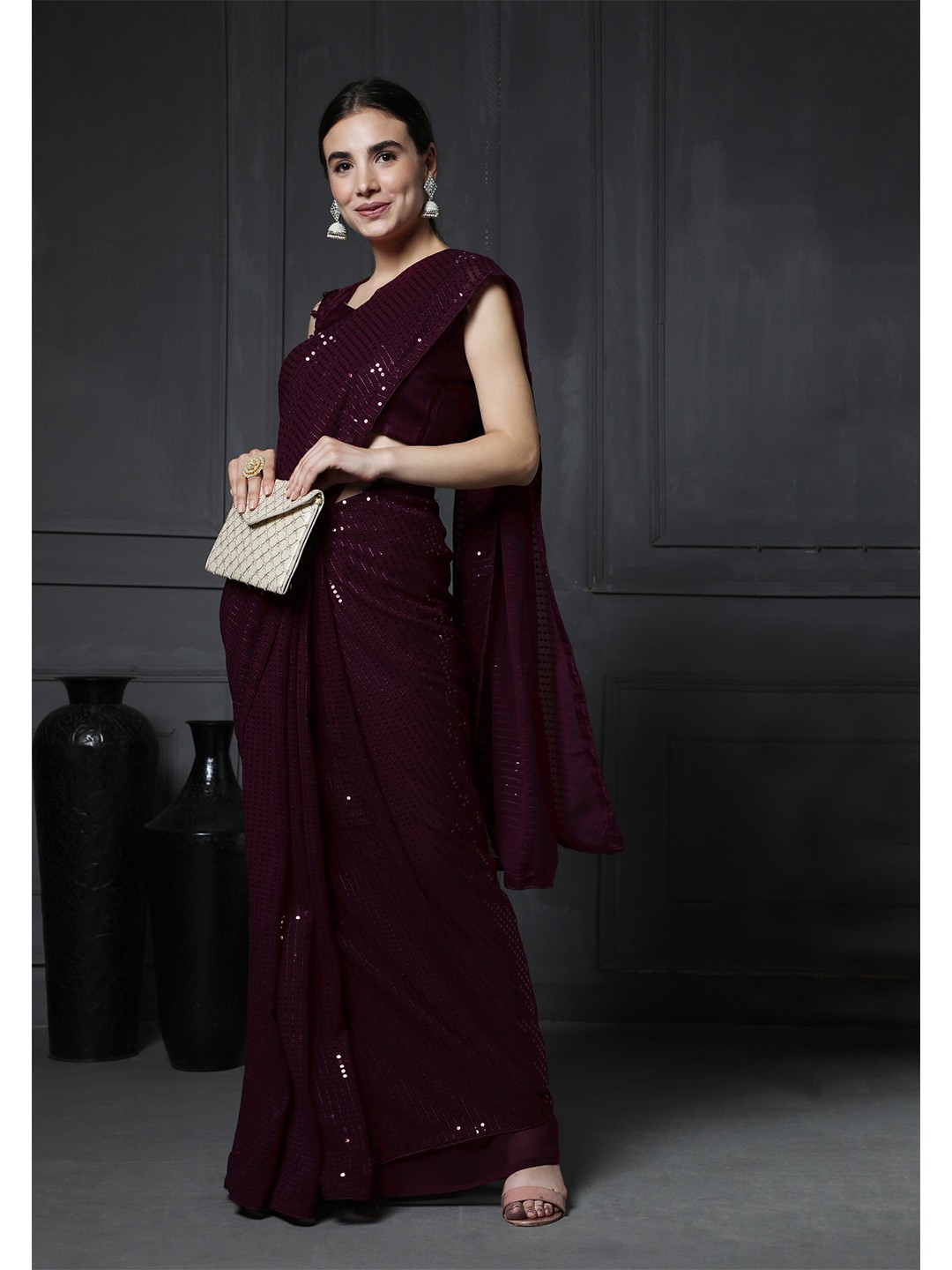 

ORUS Burgundy Embellished Sequinned Pure Georgette Heavy Work Saree