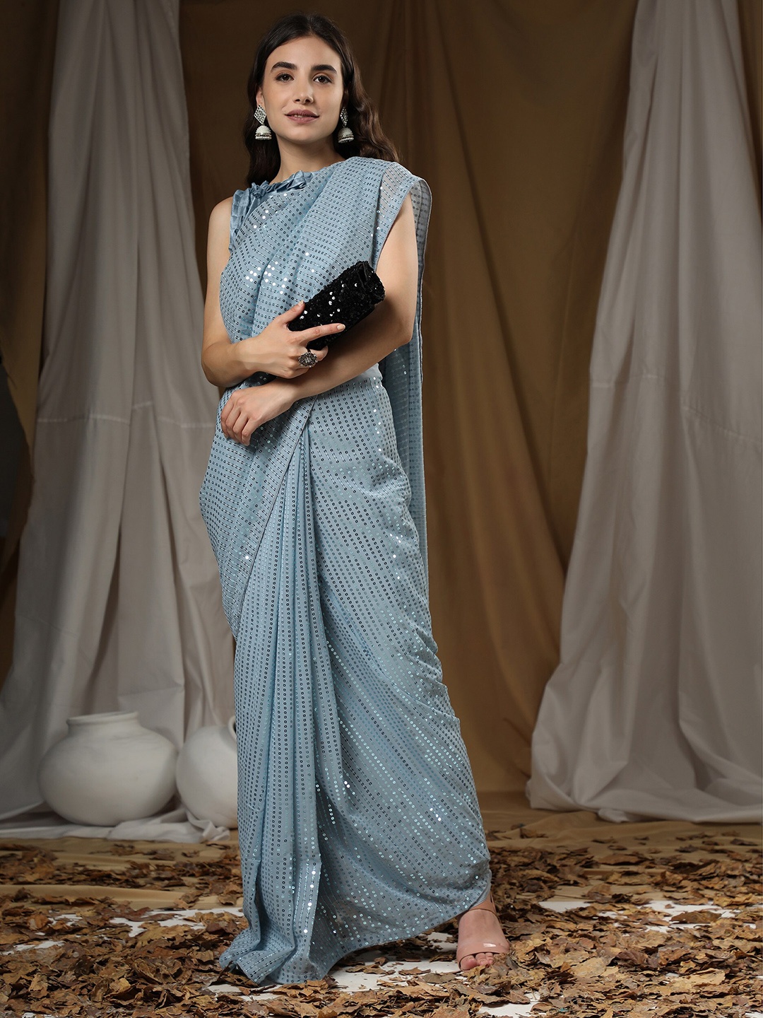 

ORUS Grey Melange Embroidered Sequinned Pure Georgette Saree