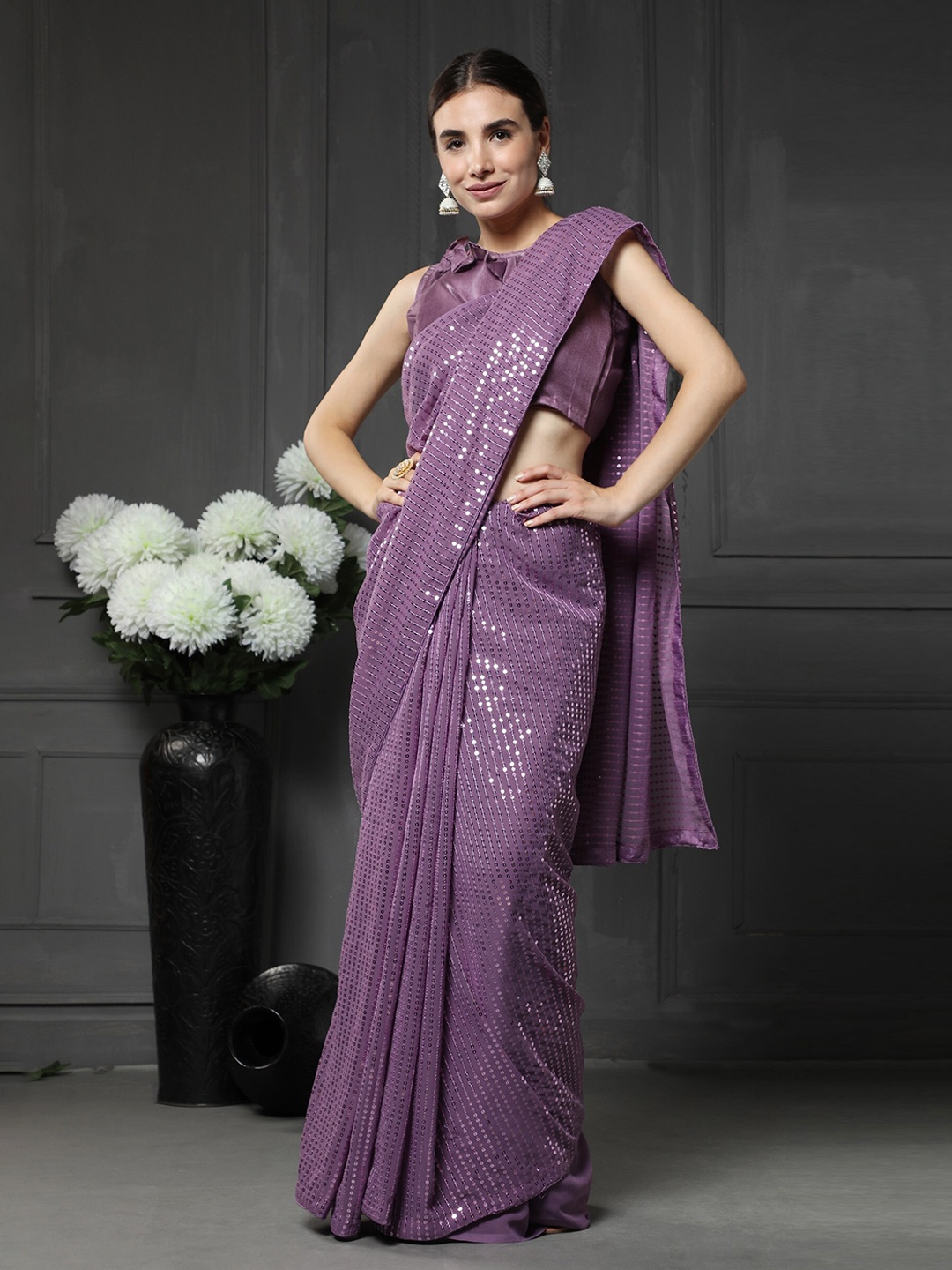

ORUS Magenta Embellished Sequinned Pure Georgette Heavy Work Saree