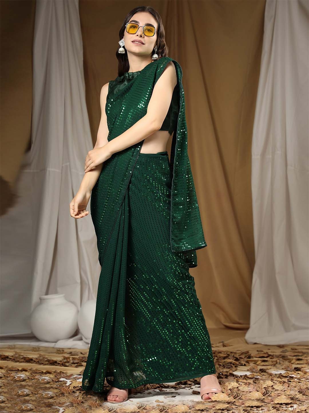 

ORUS Green Embellished Sequinned Pure Georgette Heavy Work Saree With Blouse Piece