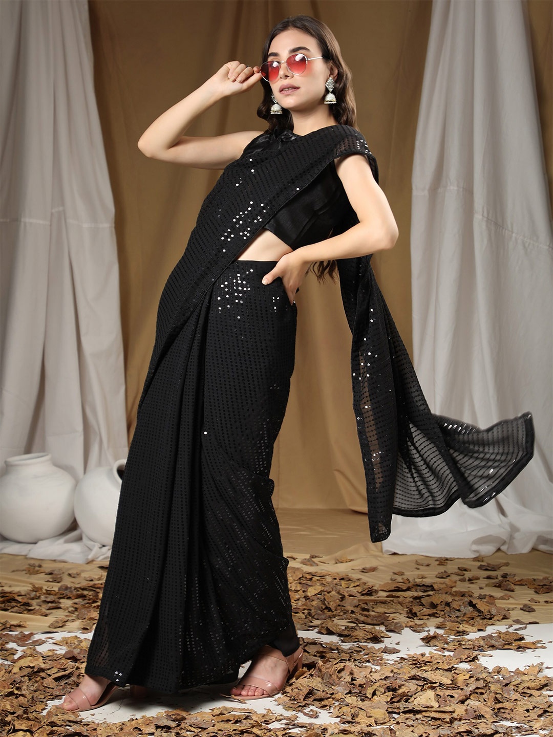 ORUS Black Embellished Sequinned Pure Georgette Saree