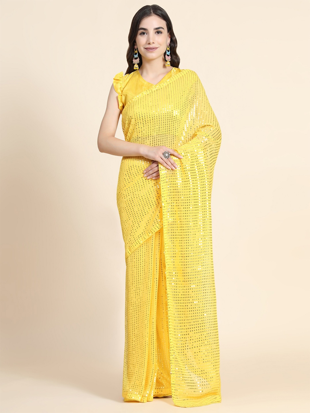 

ORUS Yellow Embellished Sequinned Pure Georgette Saree