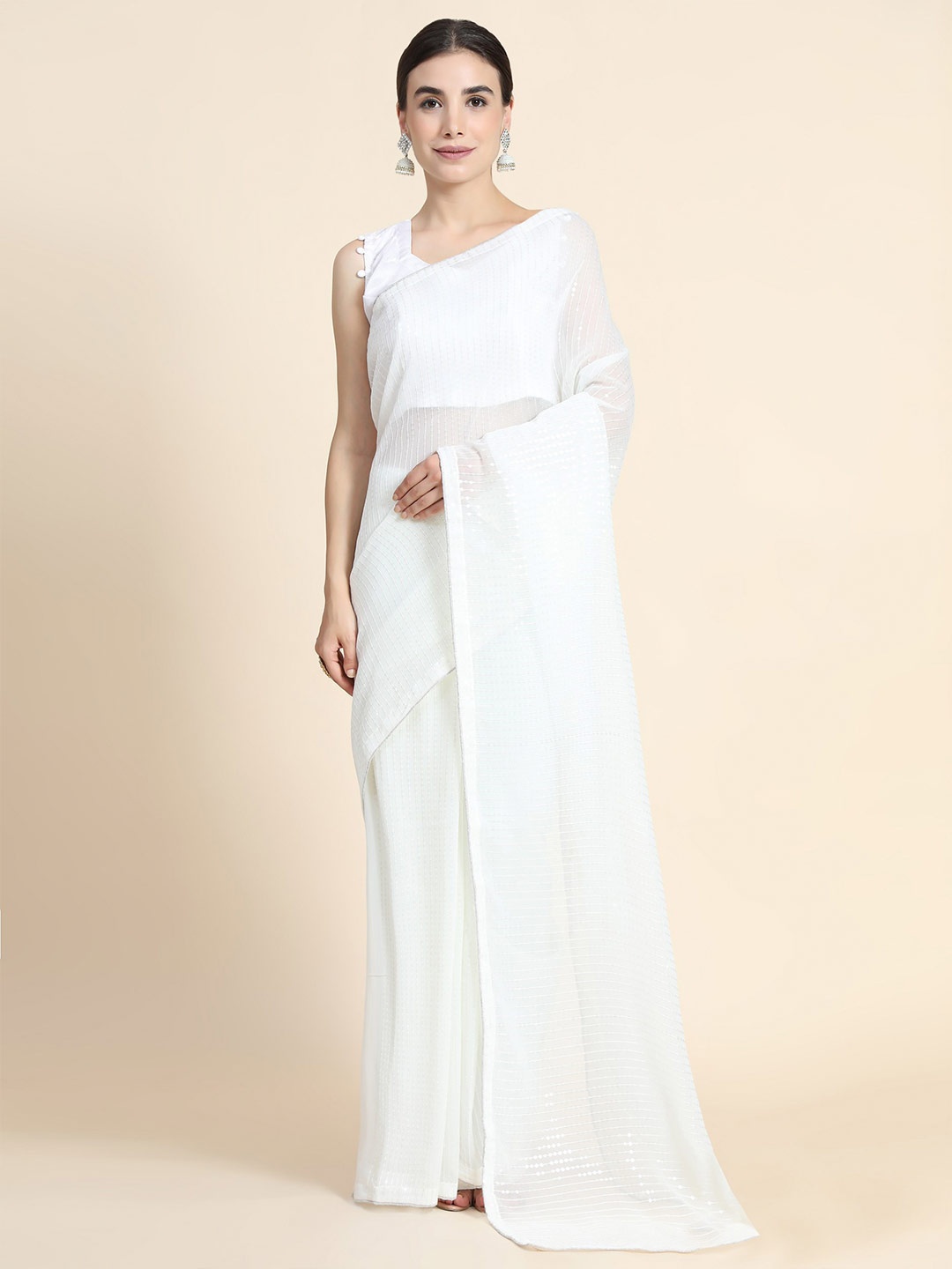 

ORUS Women White Sequinned Pure Georgette Saree