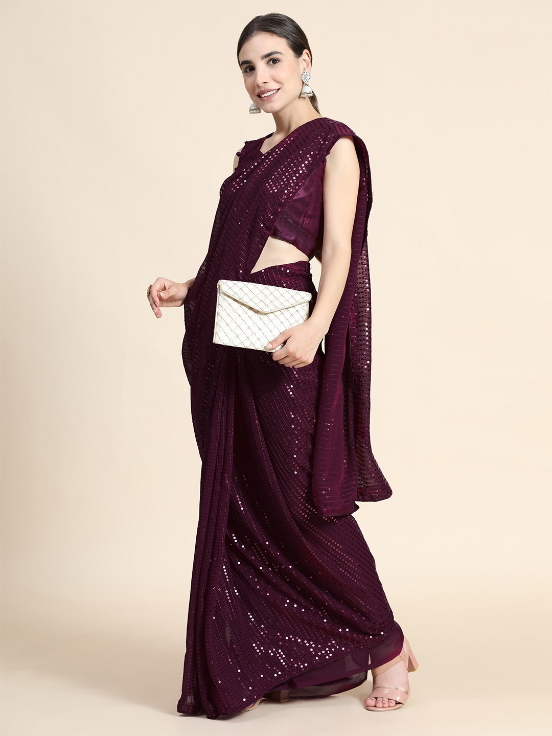 

ORUS Burgundy Embellished Sequinned Pure Georgette Saree