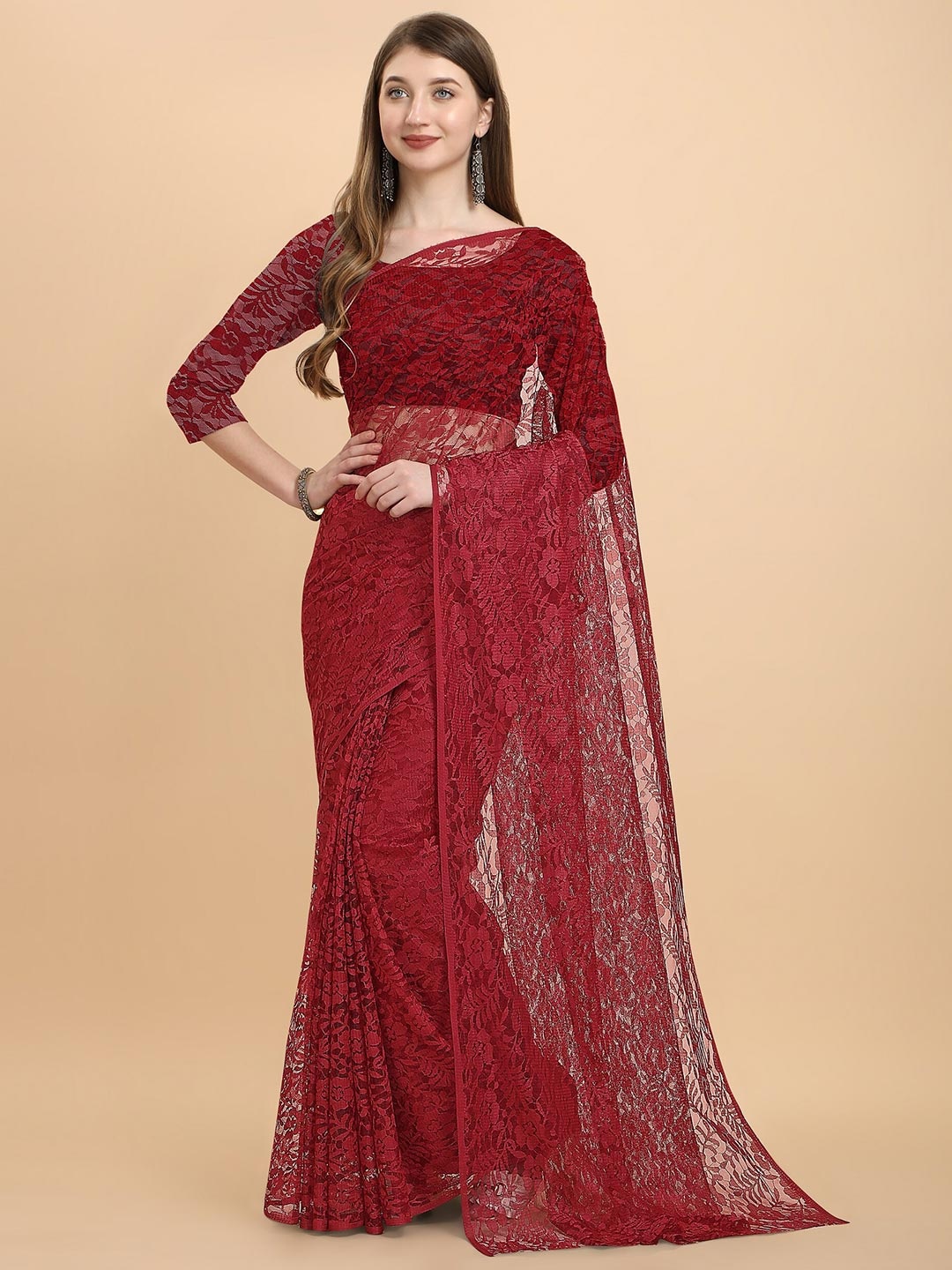 

ORUS Women Maroon Floral Net Saree