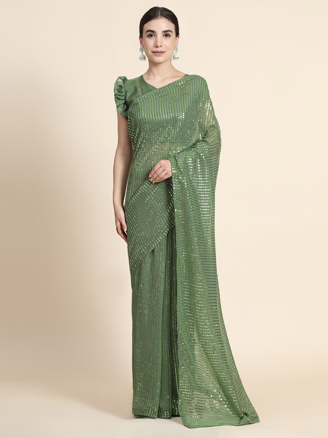 

ORUS Fluorescent Green Embellished Sequinned Pure Georgette Saree