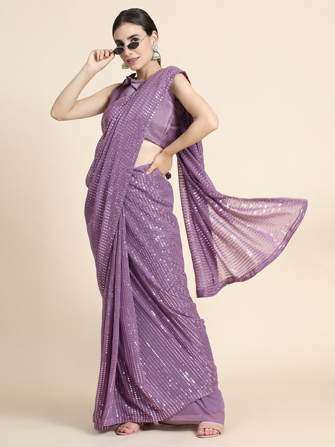 

ORUS Purple Embellished Sequinned Pure Georgette Saree
