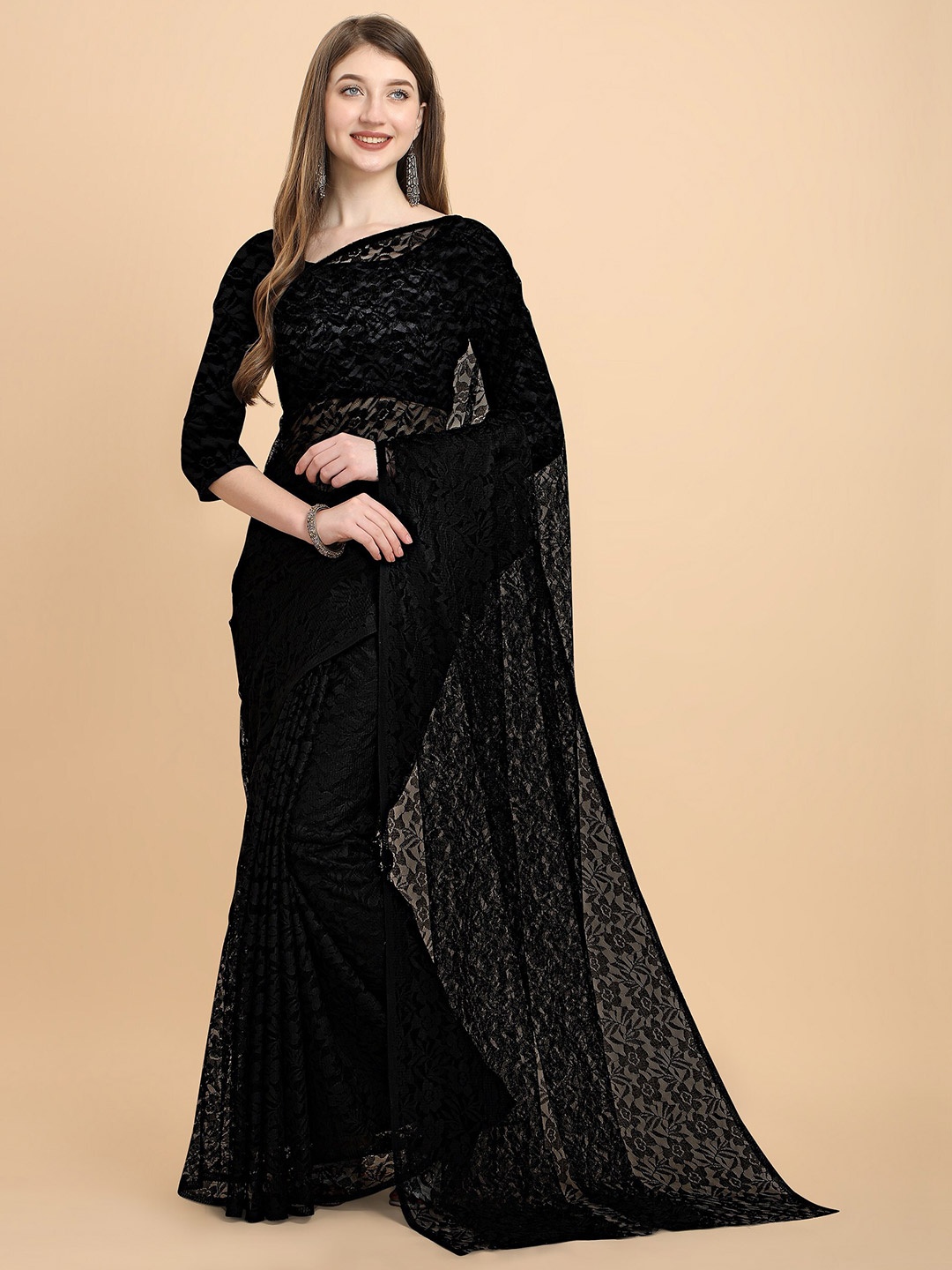 

ORUS Womens Black Embellished Net Saree