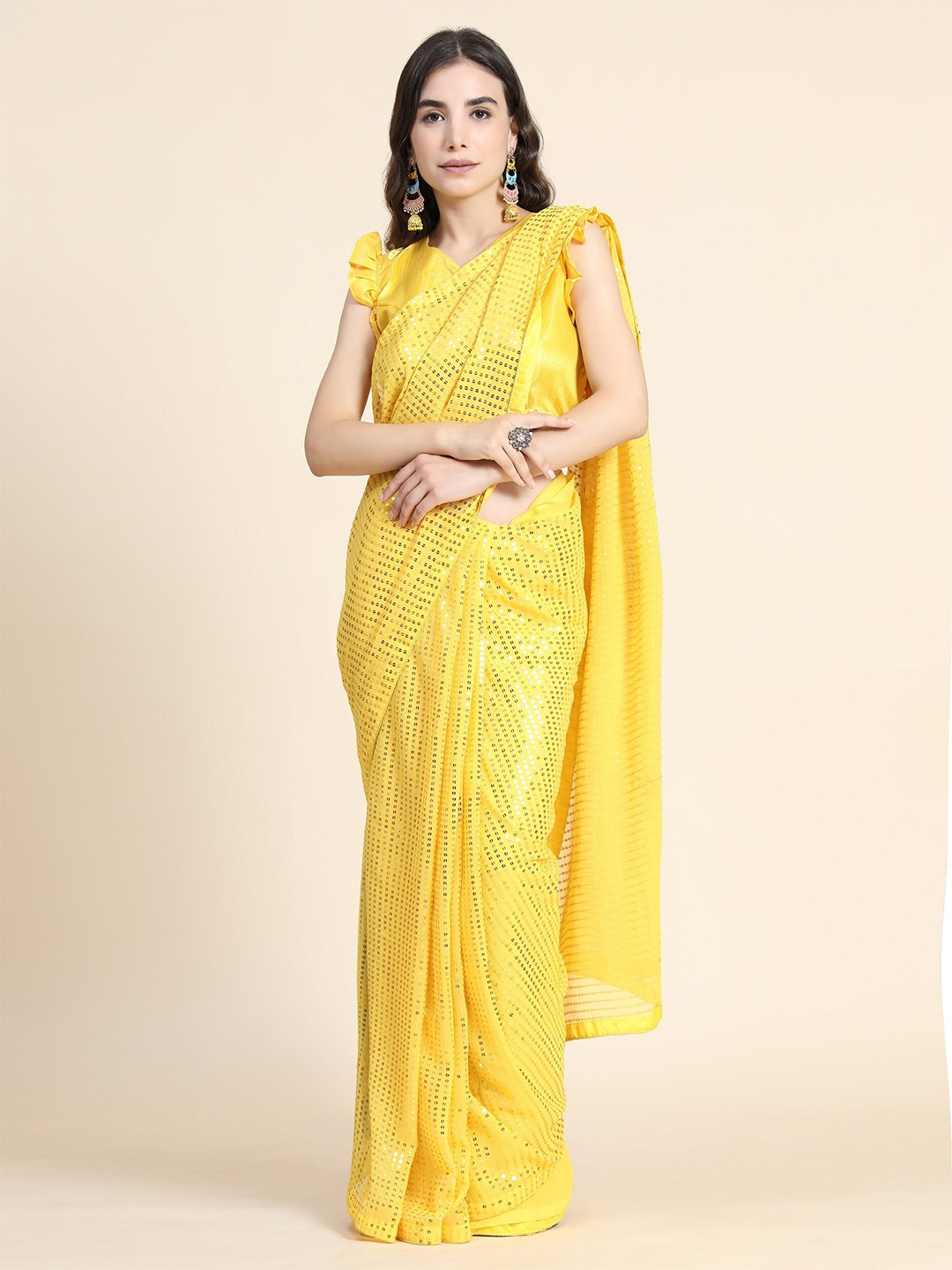 

ORUS Yellow Embellished Sequinned Pure Georgette Heavy Work Saree