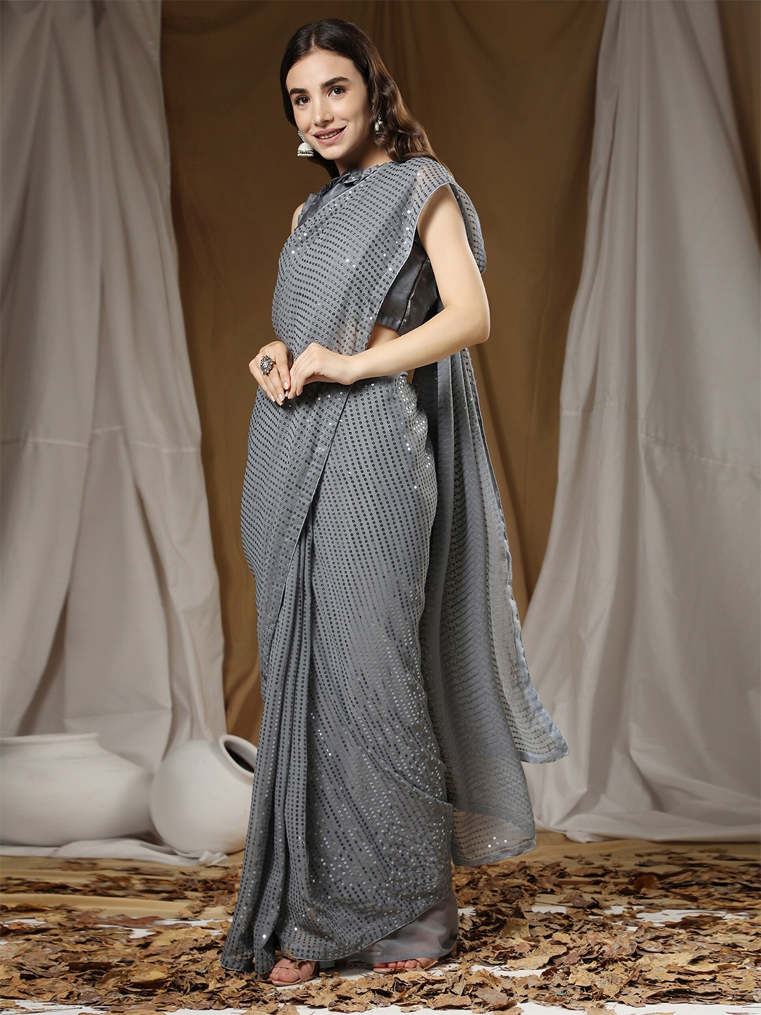 

ORUS Grey Embellished Sequinned Pure Georgette Heavy Work Saree