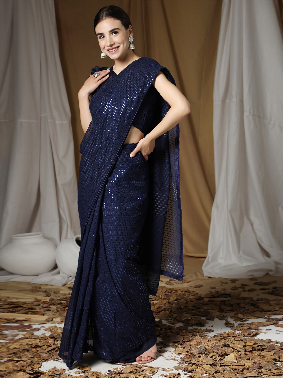 

ORUS Navy Blue Embellished Sequinned Pure Georgette Saree