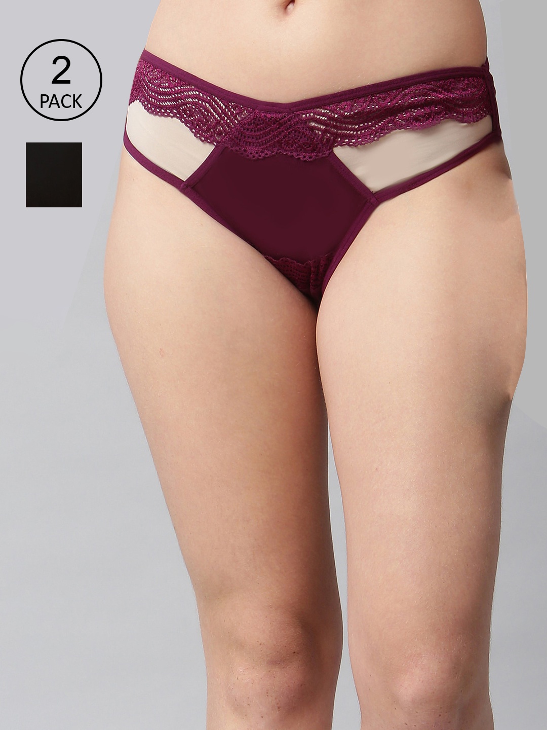 

CUKOO Women Set Of 2 Burgundy & Black Solid Bikini Briefs