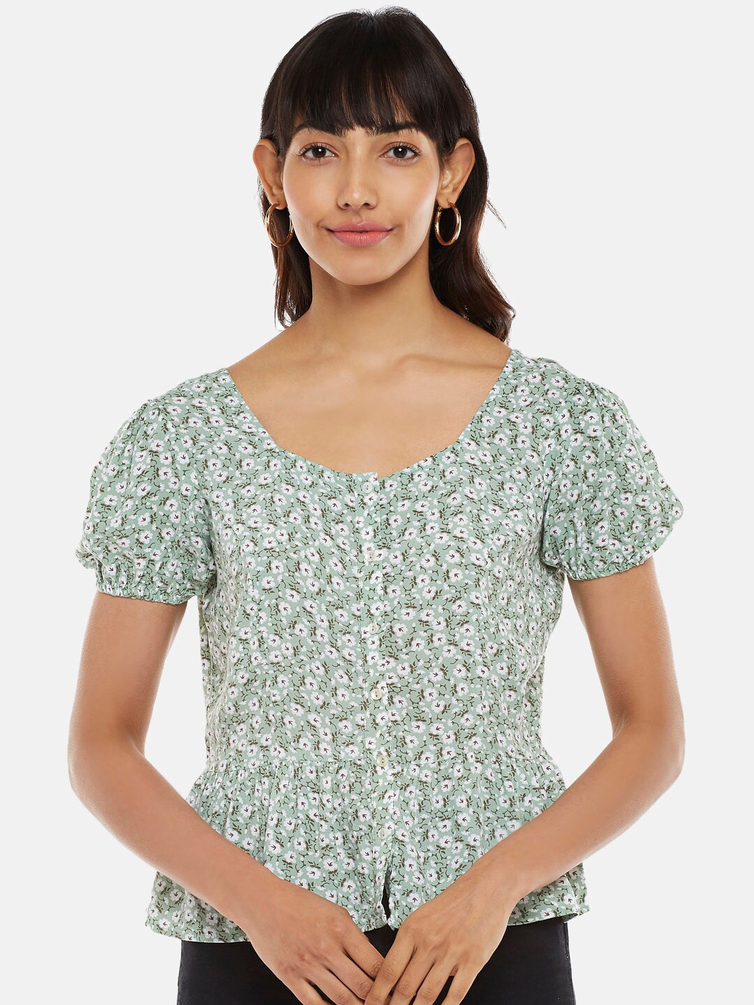 

Honey by Pantaloons Women Green & White Floral Print Top