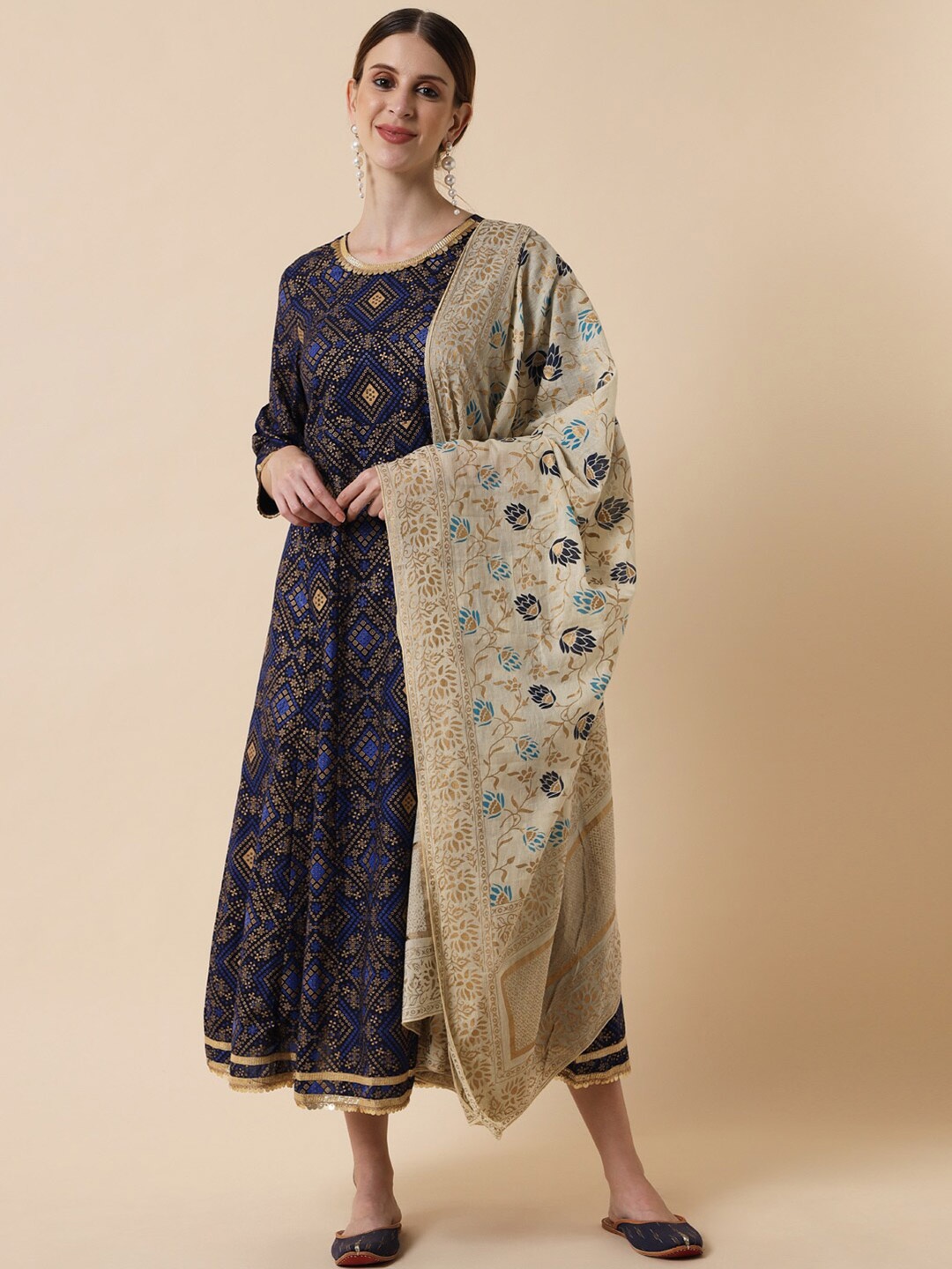 

Meeranshi Navy Blue Ethnic Motifs Maxi Dress