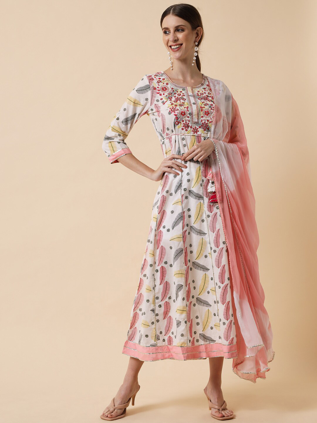 

Meeranshi Printed & Embroidered A-Line Midi Ethnic Dress with Dupatta, White