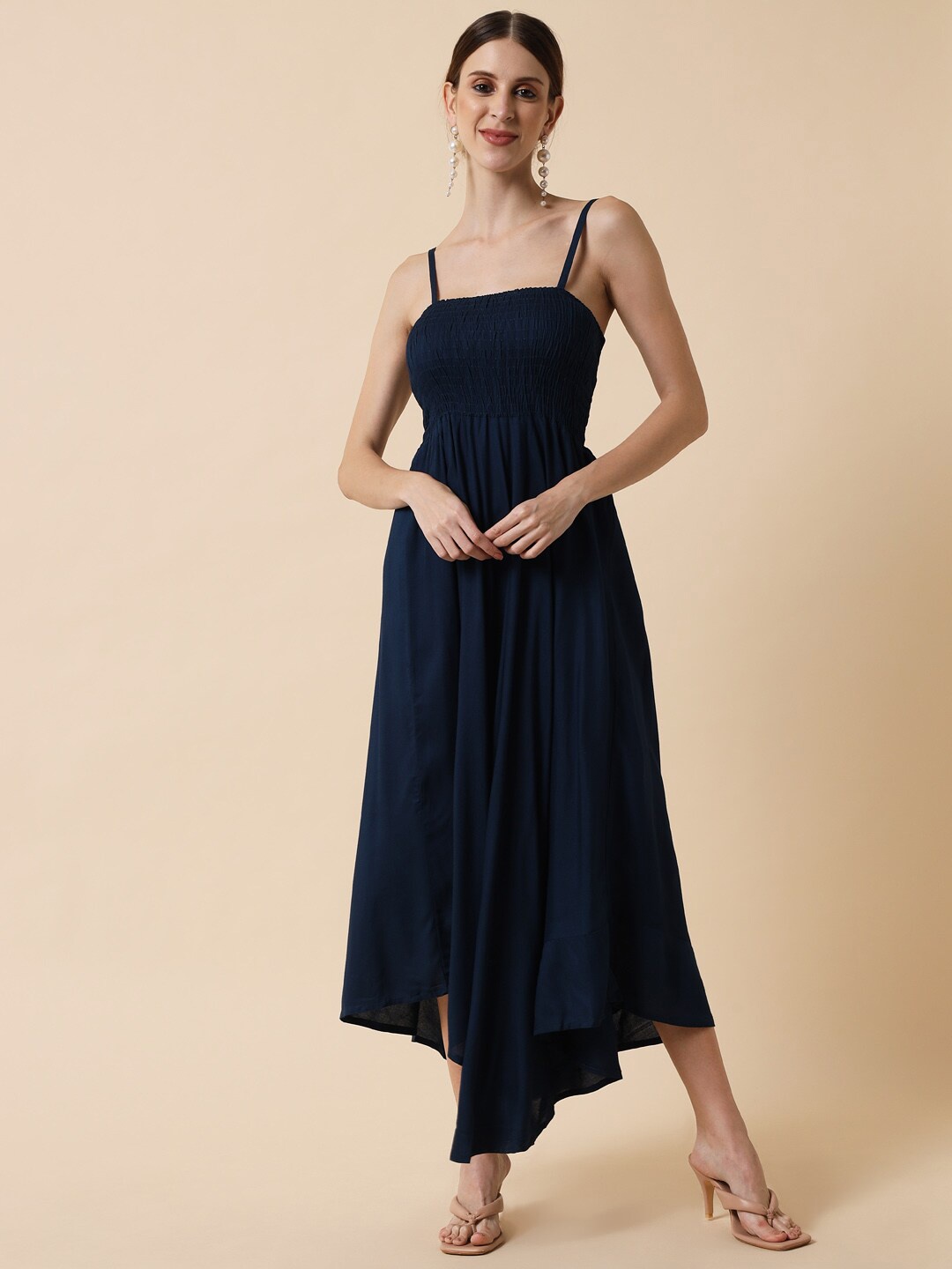 

Meeranshi Navy Blue Smocked Midi Dress