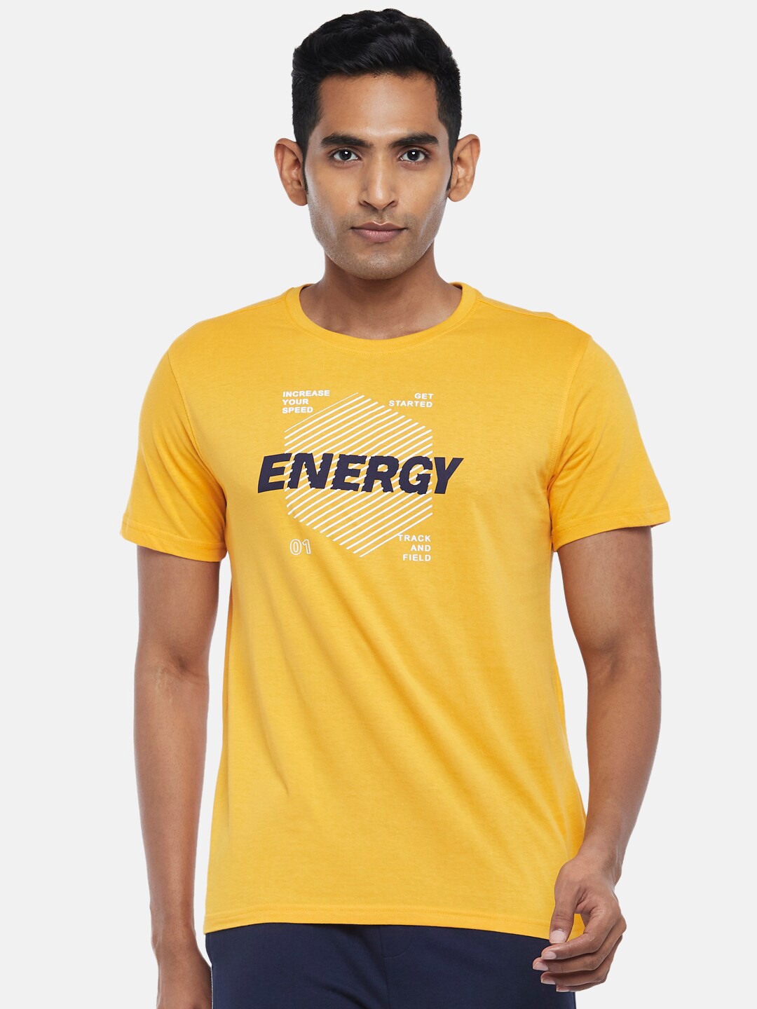 

Ajile by Pantaloons Men Mustard Yellow & mimosa Typography Printed Slim Fit T-shirt