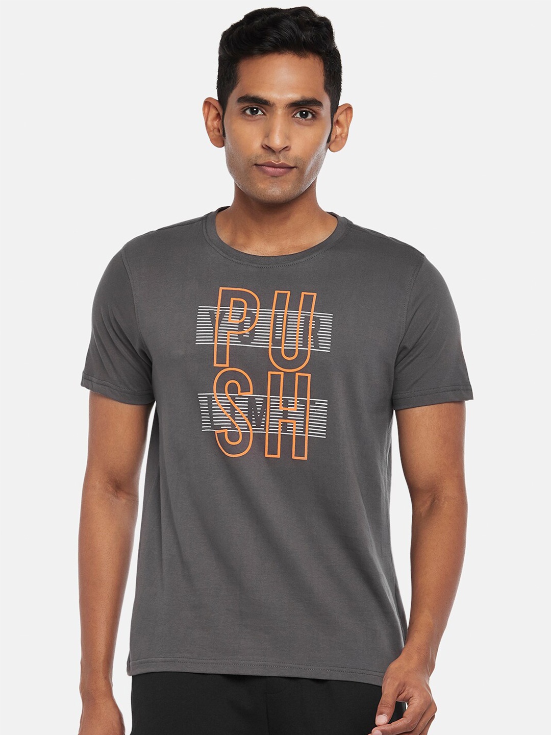 

Ajile by Pantaloons Men Grey Typography Printed Slim Fit Cotton T-shirt