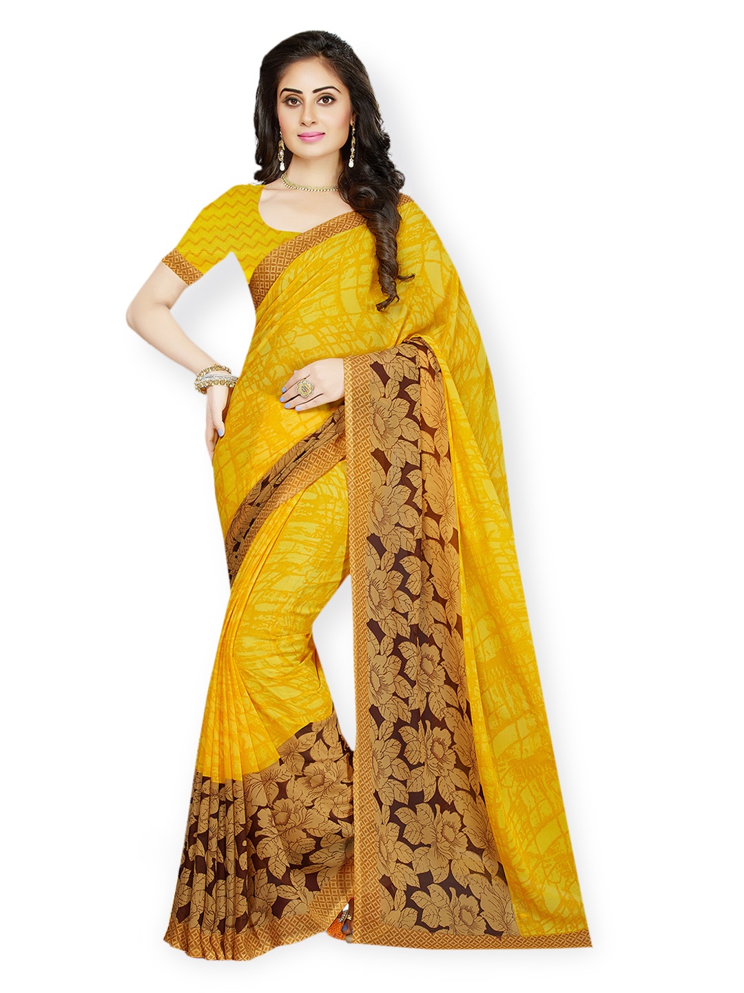 

Ishin Yellow Printed Faux Georgette Saree