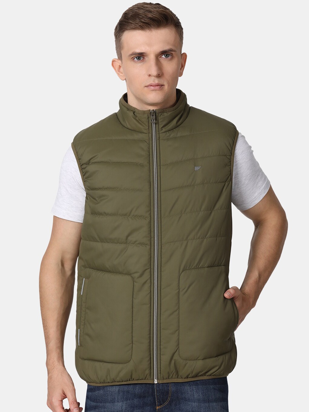 

t-base Men Plus Size Olive Green Windcheater Puffer Jacket