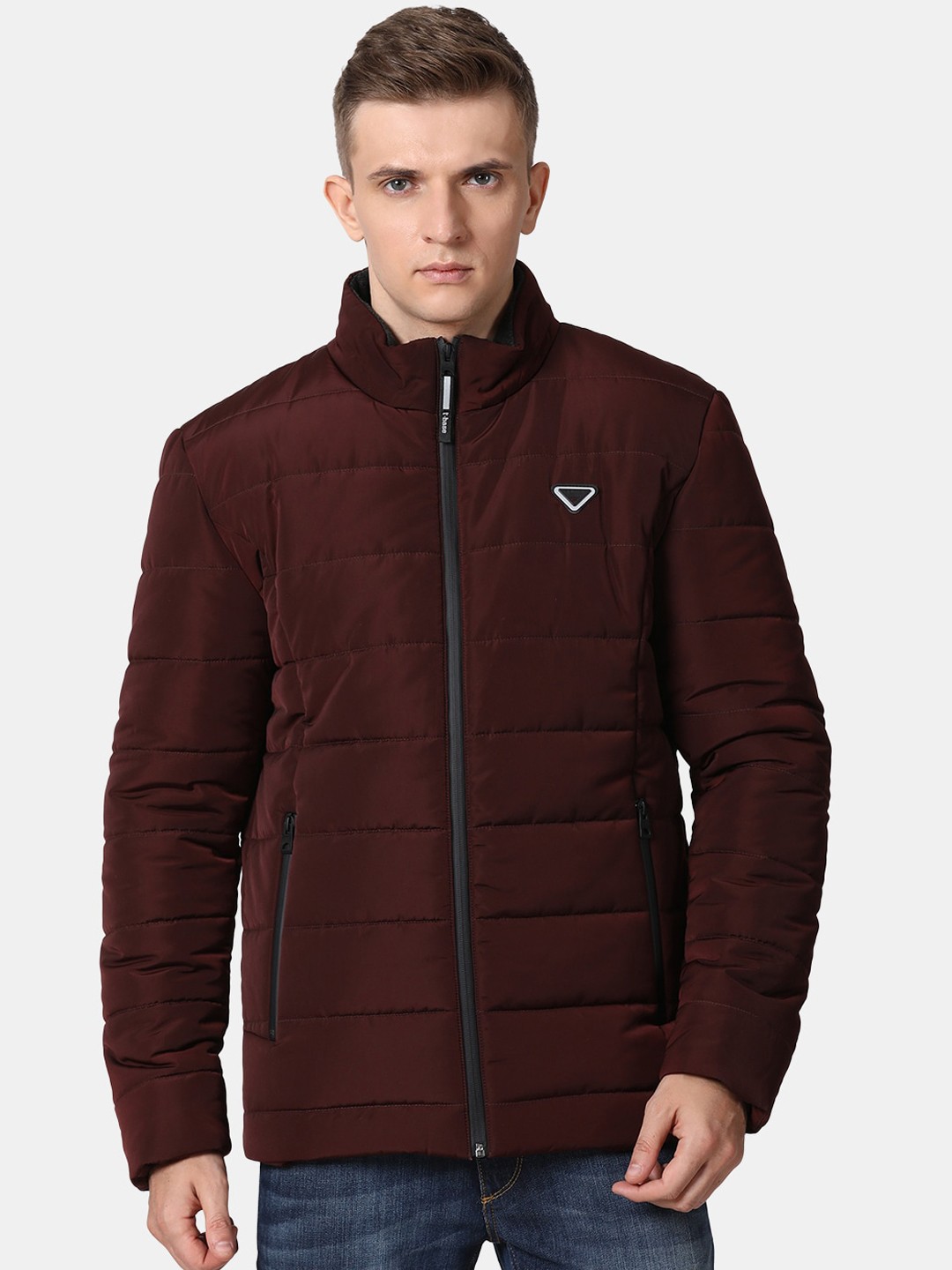 

t-base Men Maroon Windcheater Padded Jacket with Patchwork