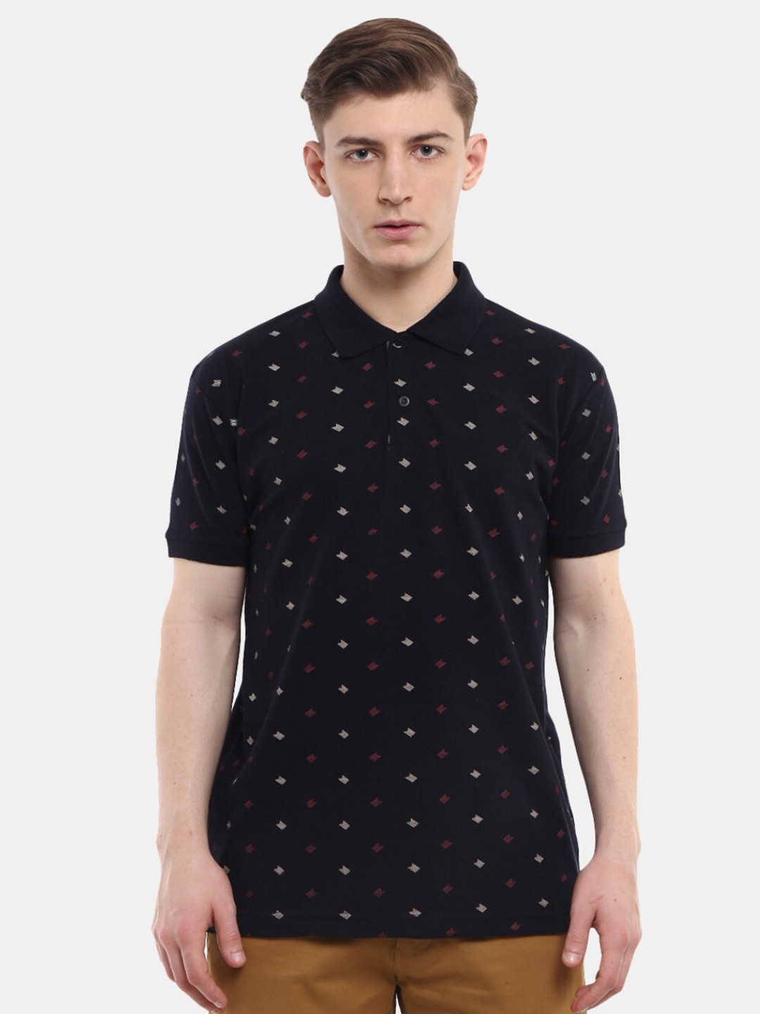 

V-Mart Men Navy Blue Printed Cotton Polo Collar T-shirt