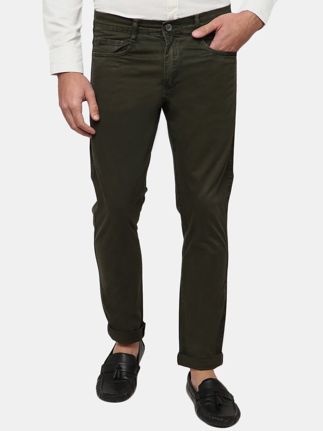 

V-Mart Men Olive Green Solid Twill Cotton Trouser