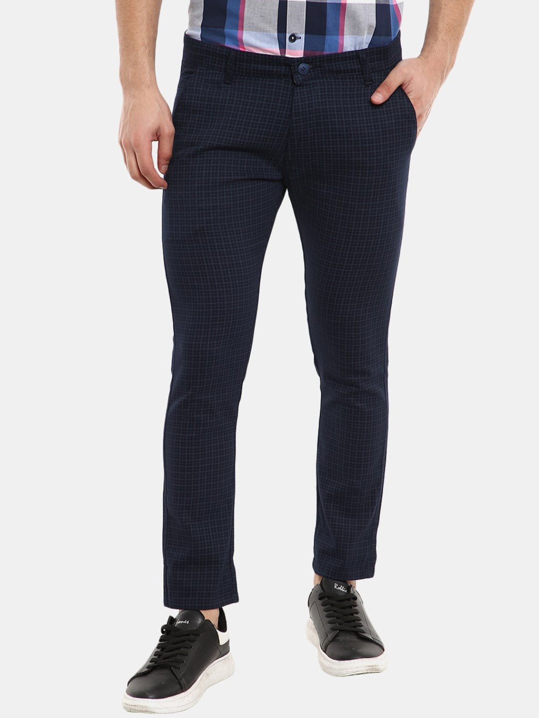 

V-Mart Men Navy Blue Checked Trousers