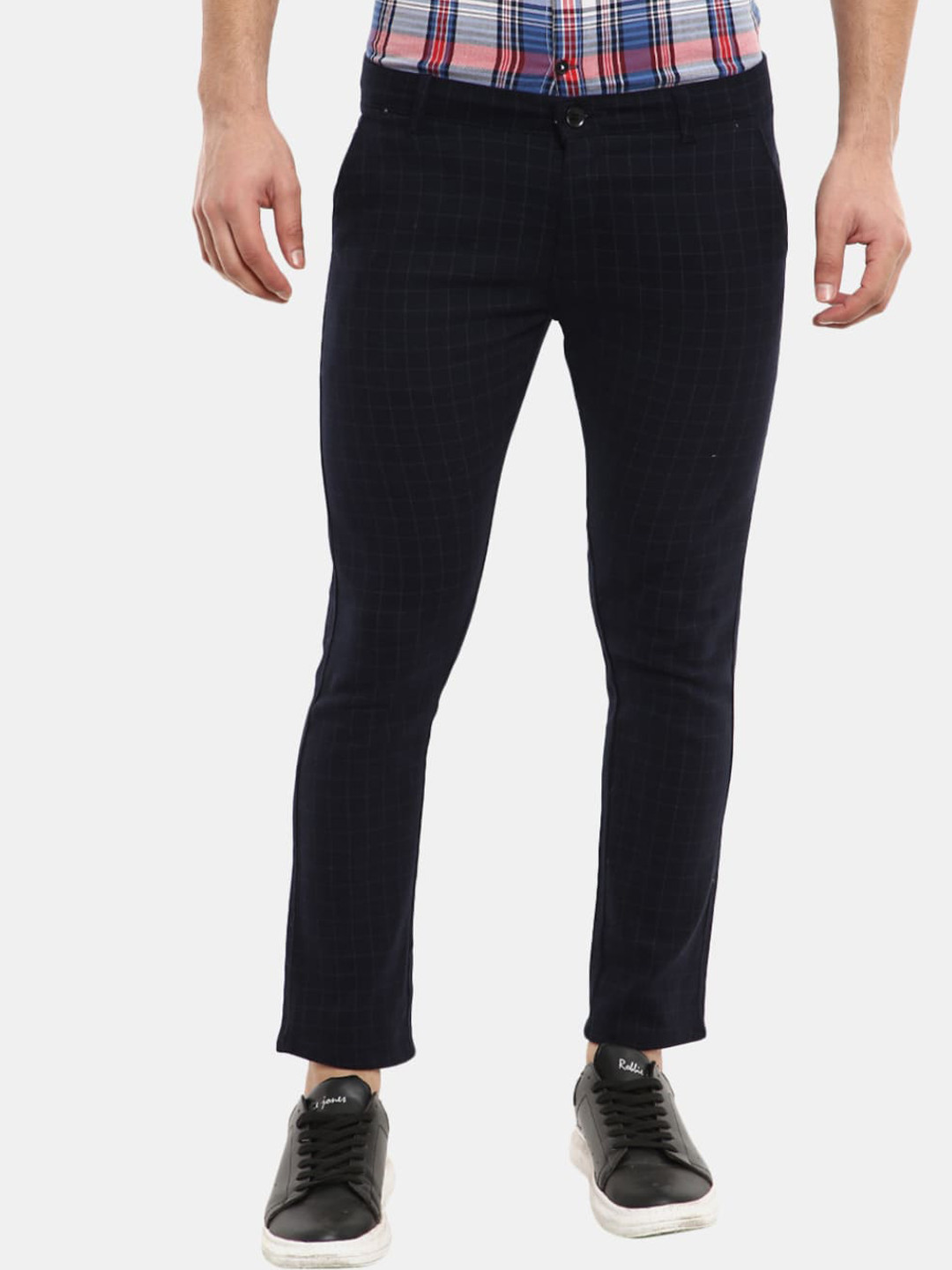 

V-Mart Men Navy Blue Checked Trousers