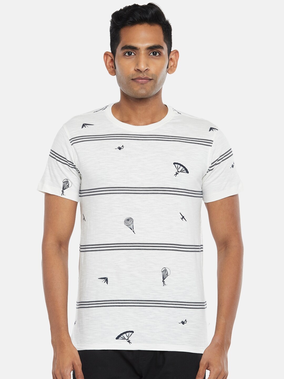 

Urban Ranger by pantaloons Men Off White Striped Slim Fit T-shirt