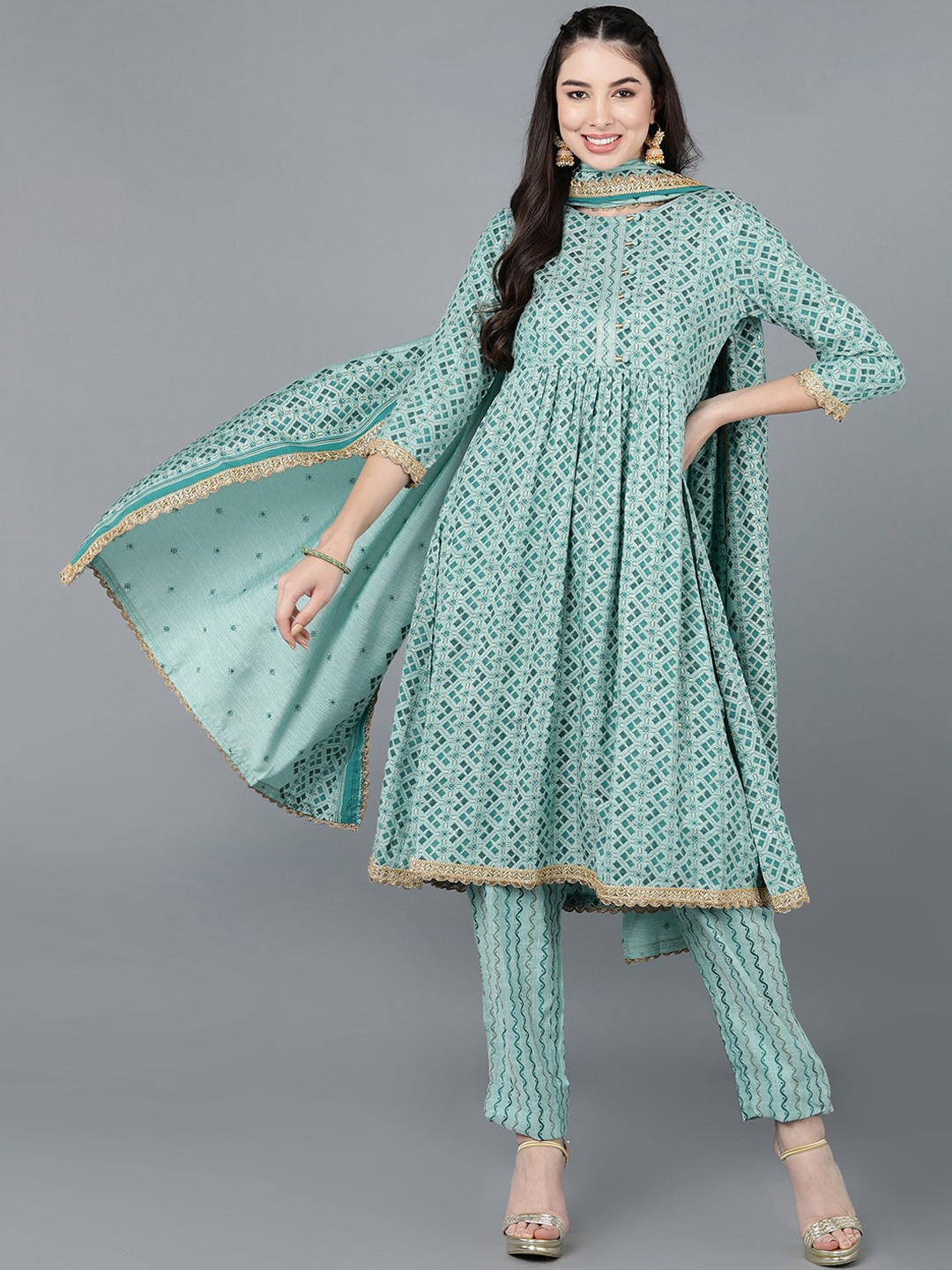 

AHIKA Women Sea Green Kurta with Trousers & With Dupatta