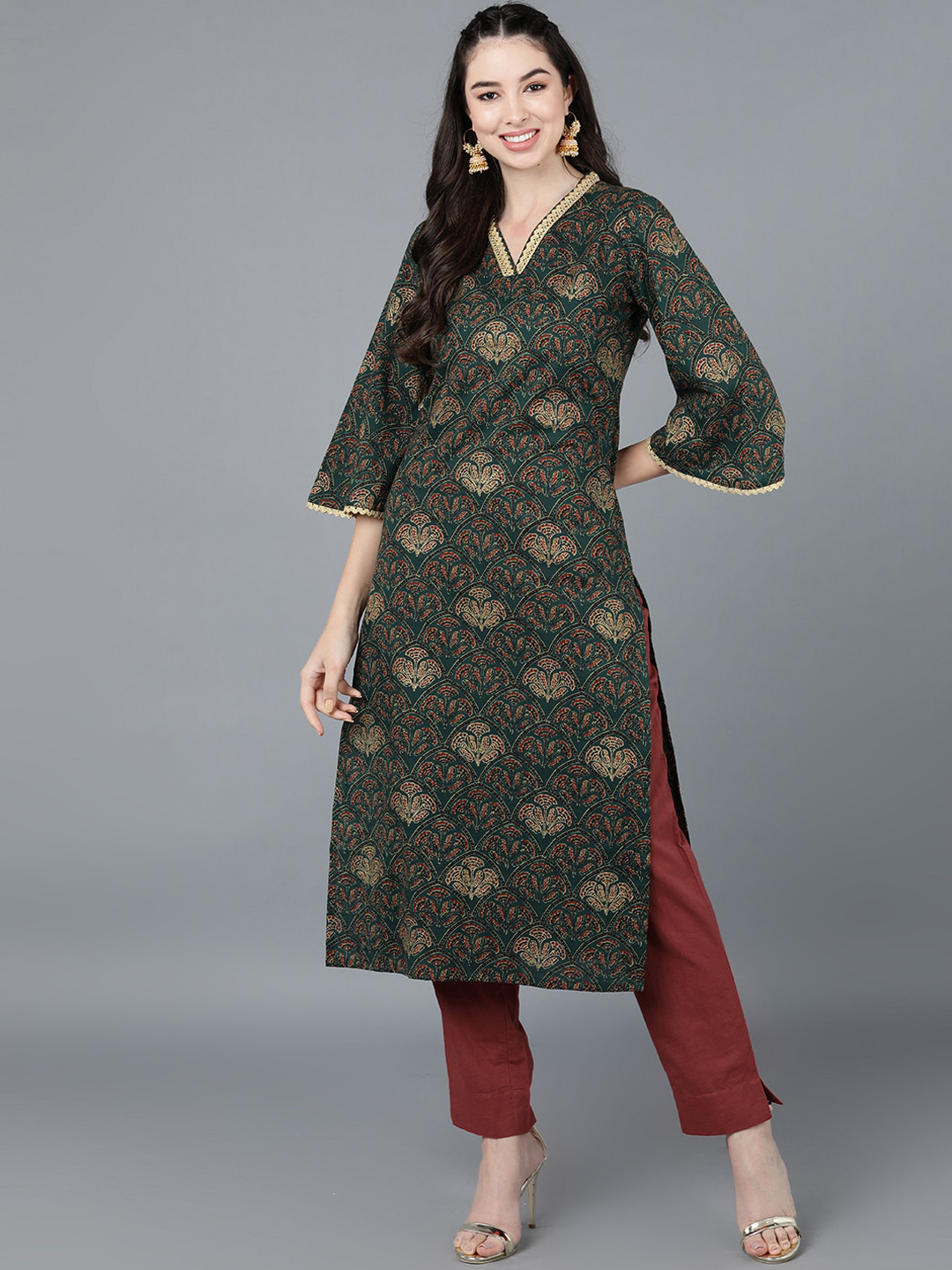 

AHIKA Women Green Ethnic Motifs Printed Flared Sleeves Kurta