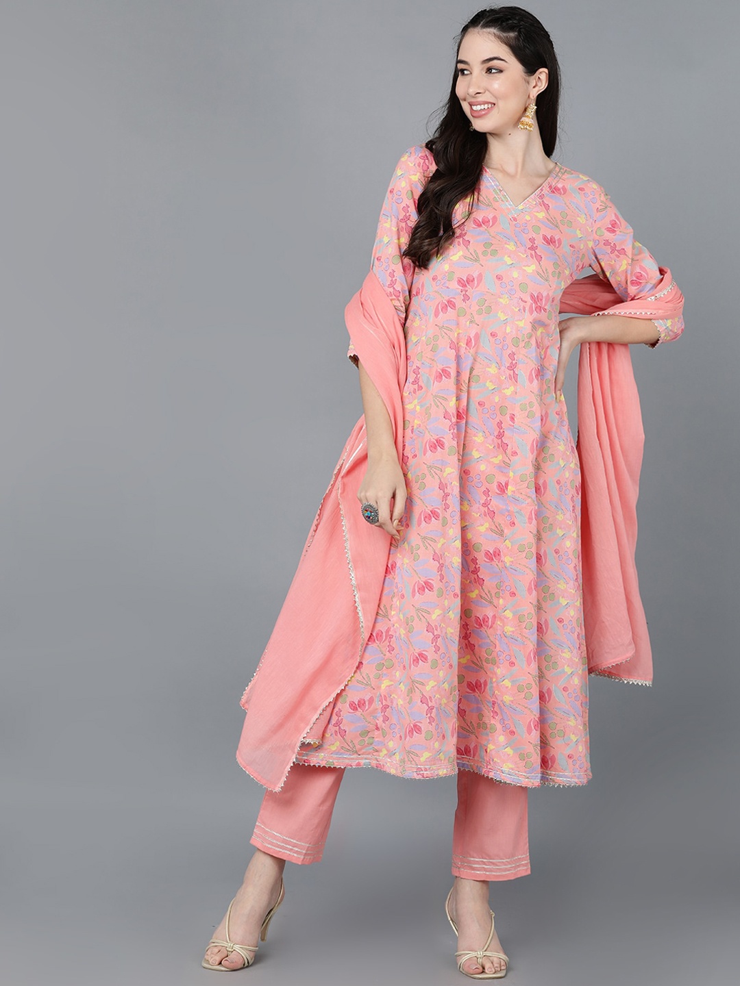 

AHIKA Women Pink Printed Layered Pure Cotton Kurta with Trousers & With Dupatta