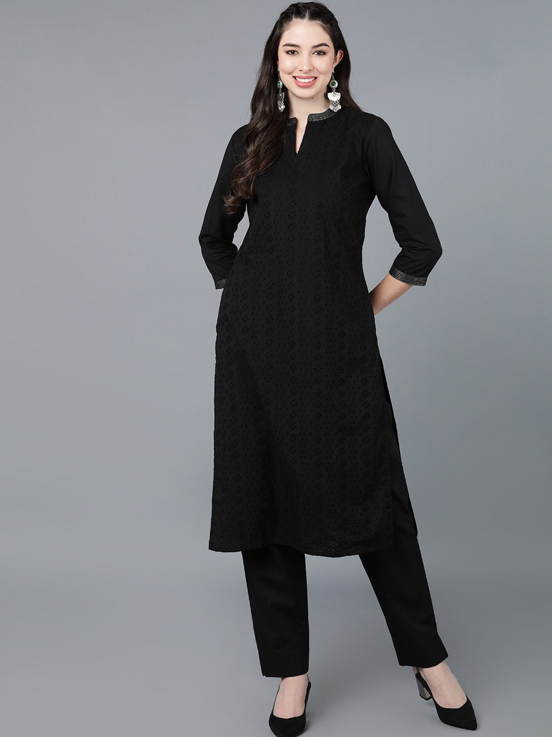 

AHIKA Women Black Panelled Pure Cotton Kurta with Trousers