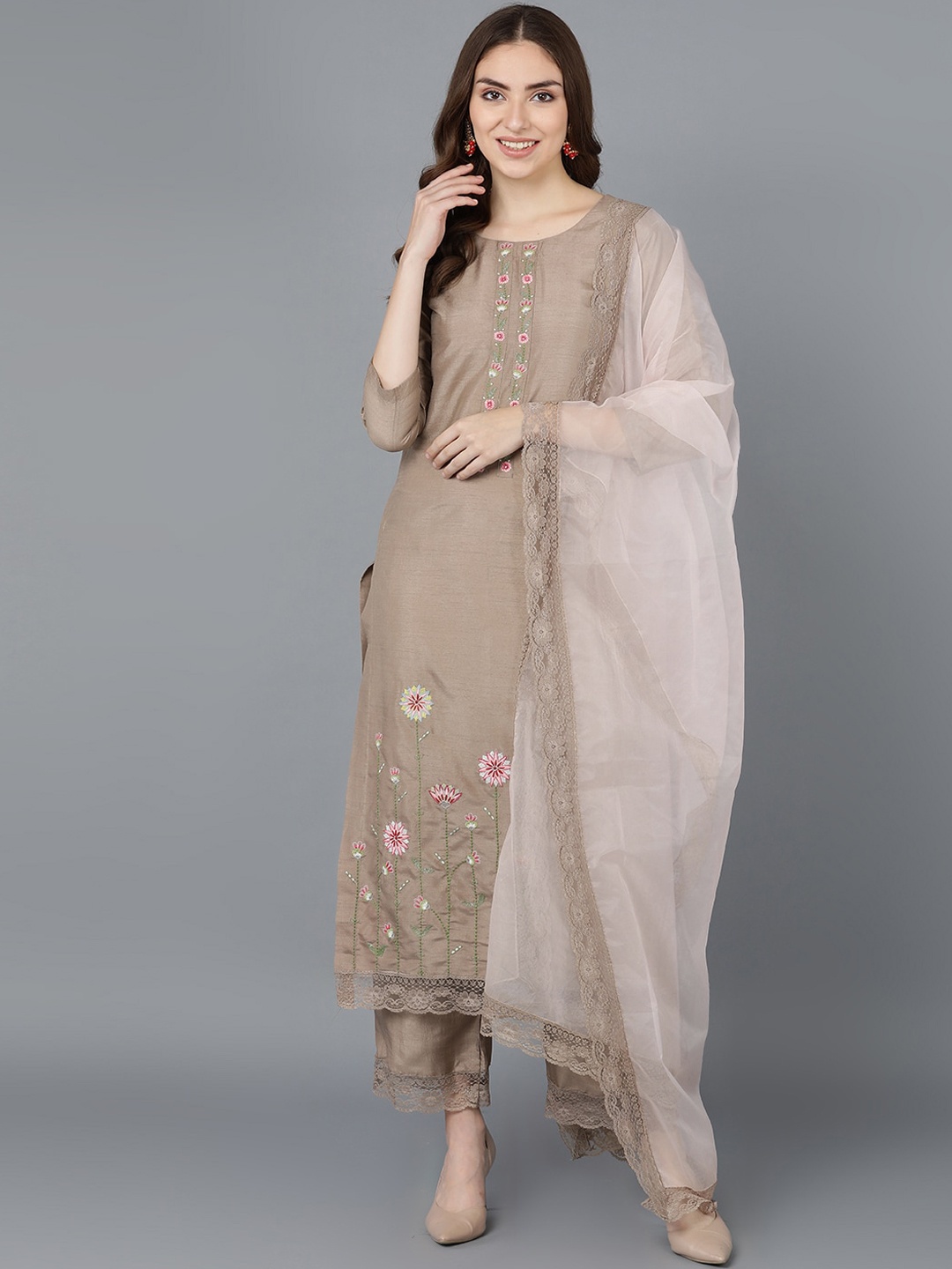 

AHIKA Women Nude-Coloured Floral Panelled Kurti with Trousers & With Dupatta