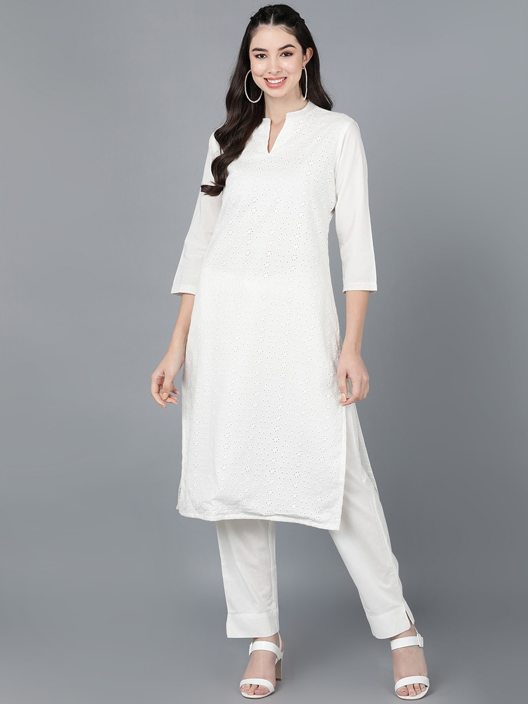 

AHIKA Women White Thread Work Pure Cotton Kurta with Trousers