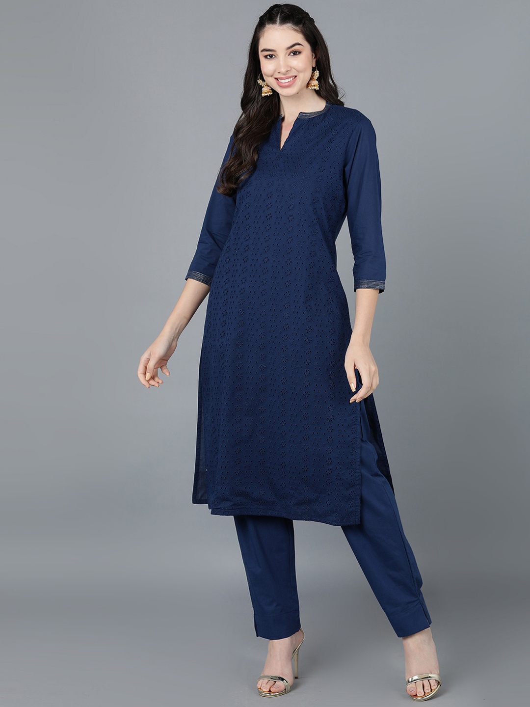 

AHIKA Women Navy Blue Pleated Pure Cotton Kurti with Trousers