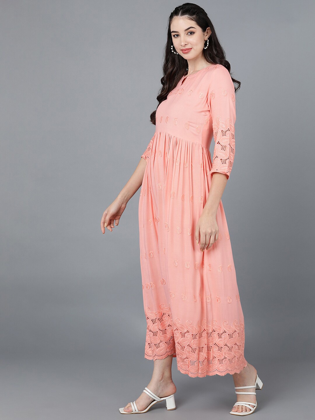 

AHIKA Women Peach-Coloured Ethnic Motifs Embroidered Keyhole Neck Maxi Dress