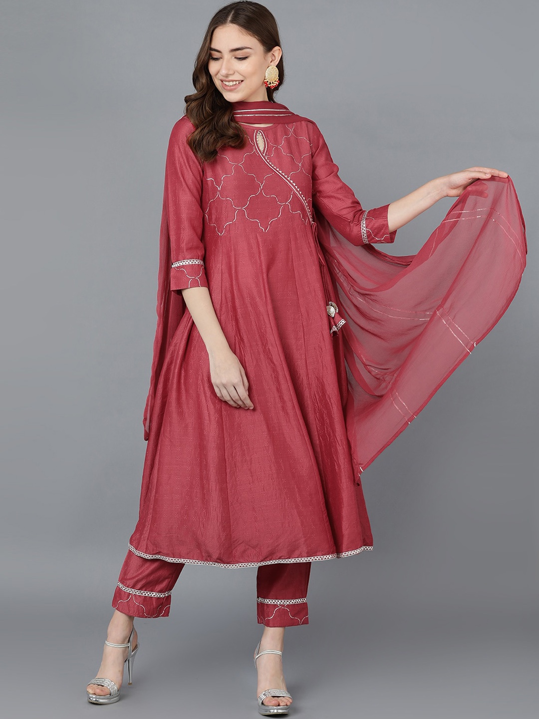 

AHIKA Women Red Embroidered Angrakha Kurta with Trousers & With Dupatta