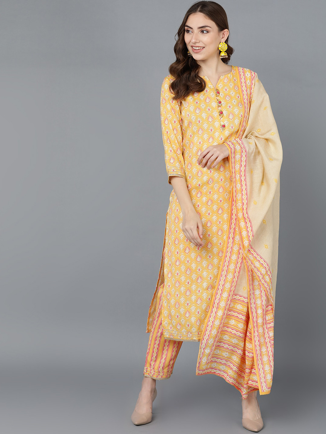 

AHIKA Women Yellow Printed Panelled Kurta with Salwar & Dupatta