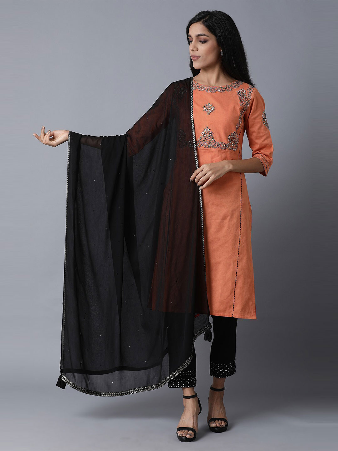 

W Women Black Dupatta with Sequinned Poly Chiffon