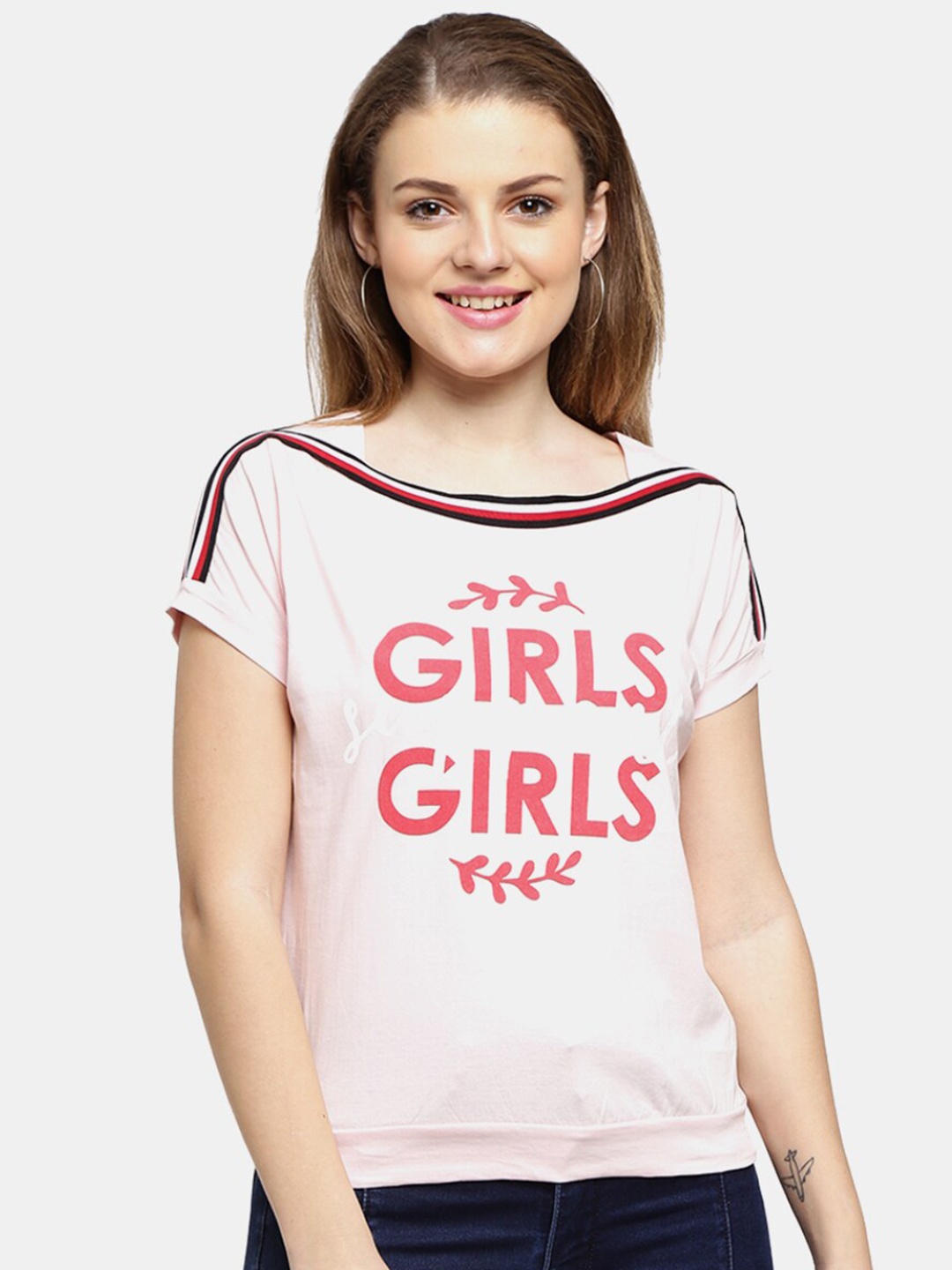 

V-Mart Women Pink & petal pink Typography Printed Extended Sleeves Raw Edge T-shirt