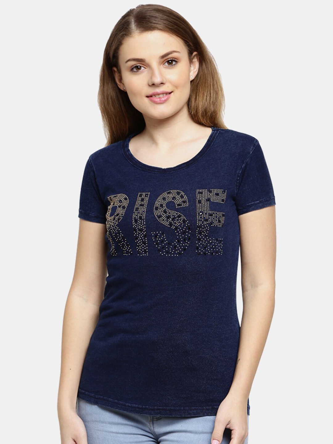 

V-Mart Women Navy Blue Typography Printed T-shirt