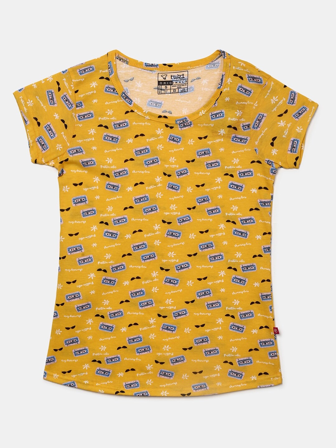 

V-Mart Women Yellow & Blue Printed Round Neck Raw Edge T-shirt