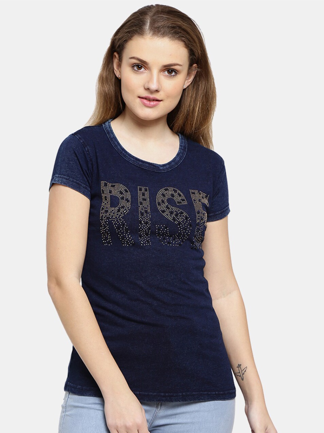 

V-Mart Women Navy Blue Typography Printed T-shirt